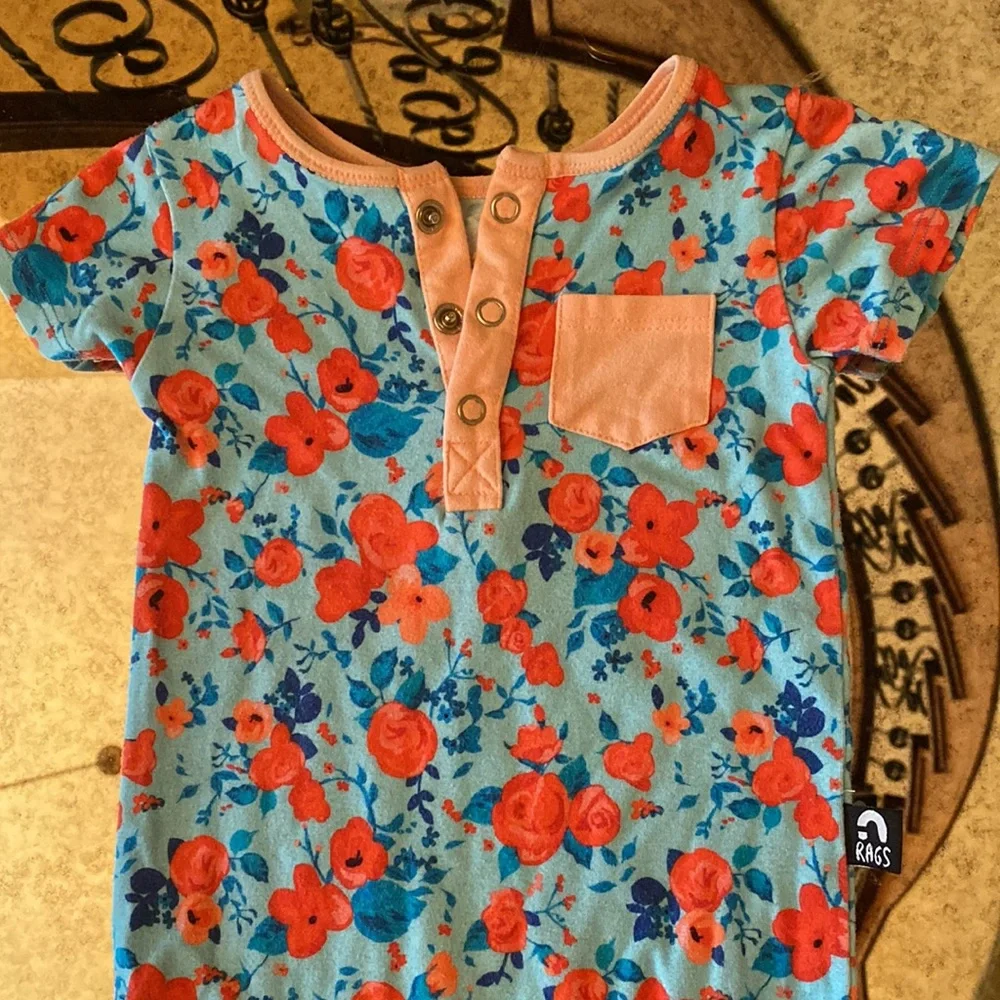 Rags to Raches Henley Romper Blue Poppy Floral Coral 6-12M